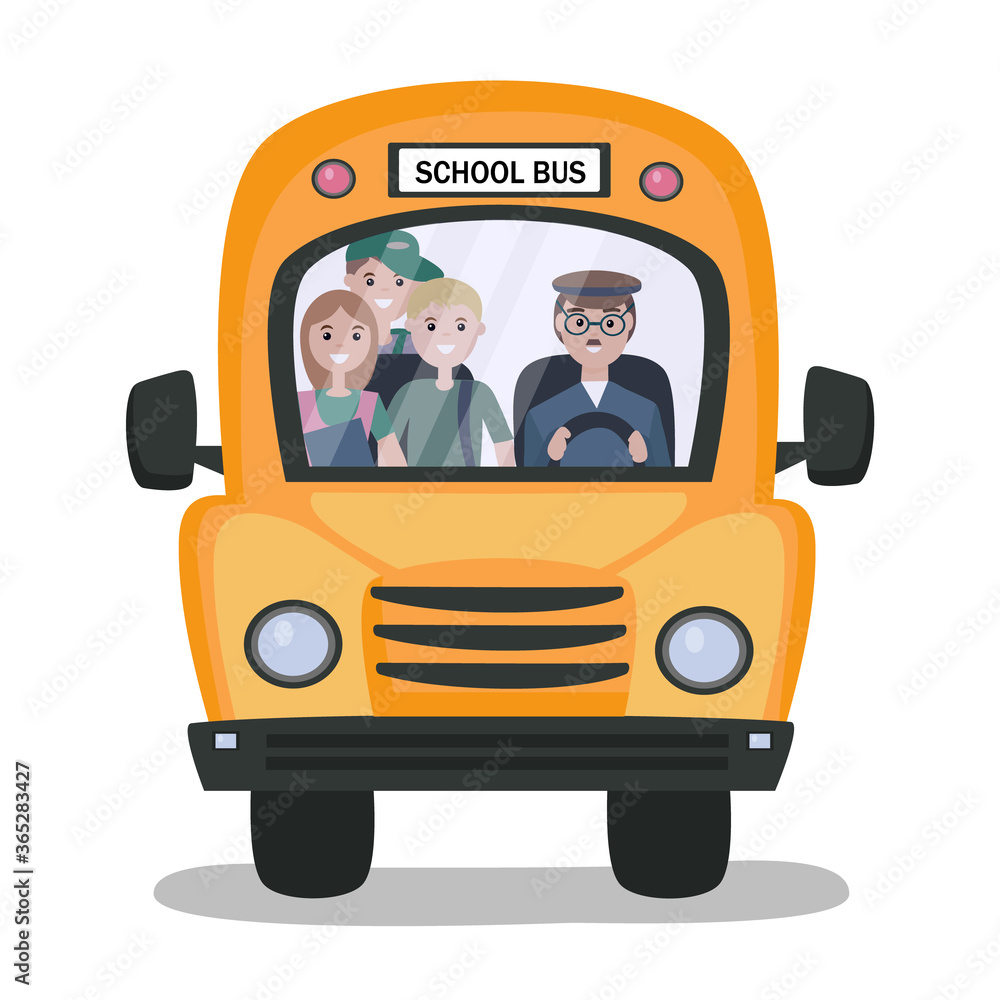A school bus that takes students to school or on a tour.  At the wheel sits a driver in uniform. Vehicle for transportation of passengers. 