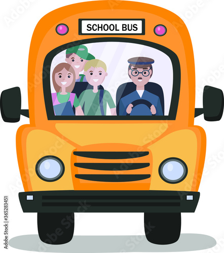 A school bus that takes students to school or on a tour.  At the wheel sits a driver in uniform. Vehicle for transportation of passengers. Vector illustration