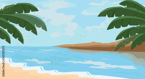 Seascape. Sandy beach  clear blue ocean or sea  mountains rising to the coast and green palm leaves on the shore.  Beautiful clouds and rays of the sun in the sky. a paradise holiday. 