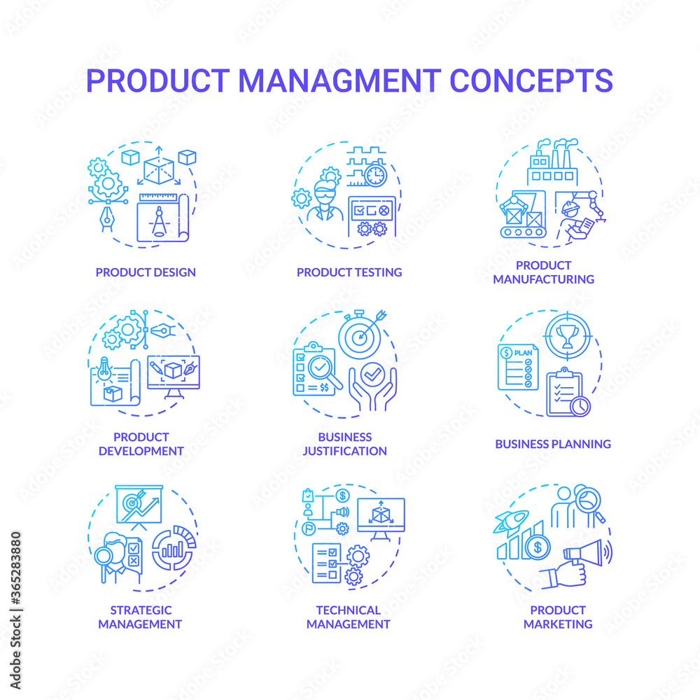 Product management blue gradient concept icons set. Marketing strategy. Sales plan for company. Business development idea thin line RGB color illustrations. Vector isolated outline drawings