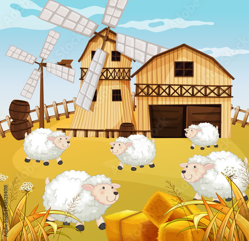 Farm scene in nature with barn and windmill and sheeps