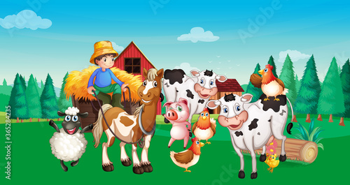 Fototapeta Naklejka Na Ścianę i Meble -  Farm scene with animal farm cartoon style