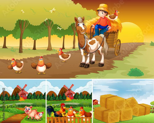 Set of different farm scenes with animal farm cartoon style