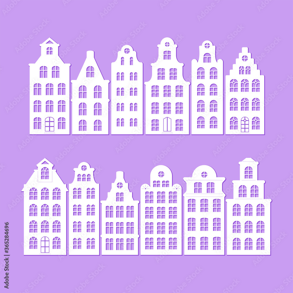 Set of European old buildings. Facades of historical houses in the dutch style. Vector silhouette, template for holiday greeting card, banner, laser, plotter cutting, Christmas design and decoration