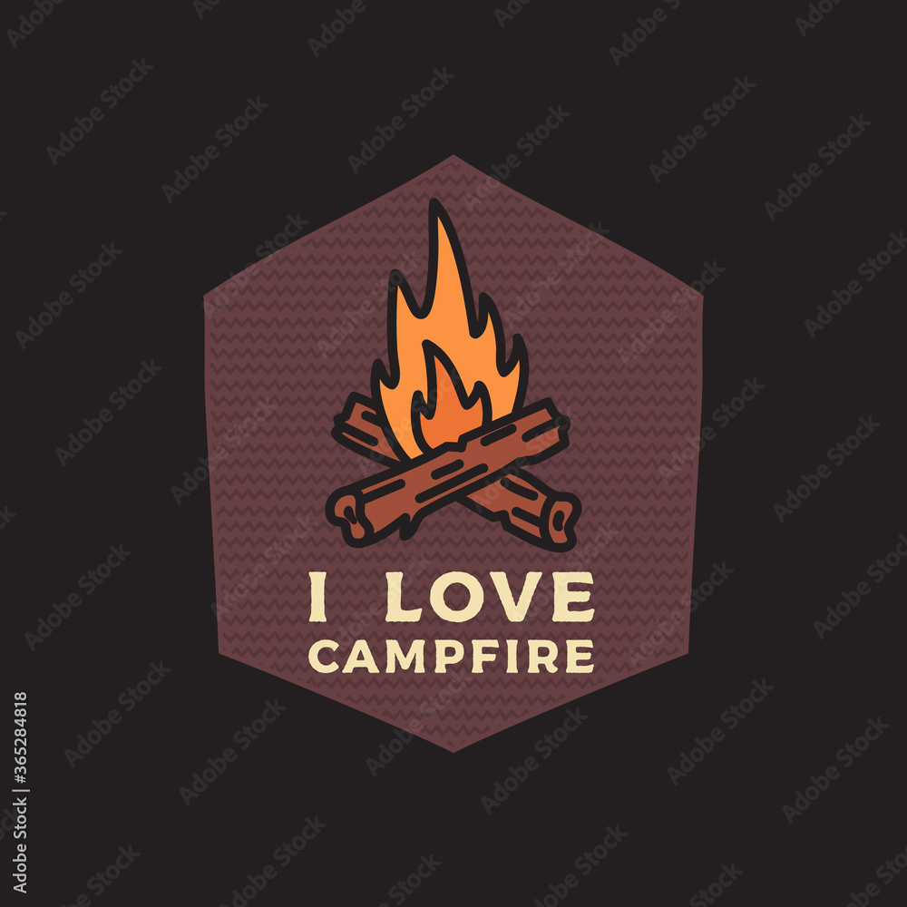 Camping adventure emblem illustration design. Outdoor logo with bonfire and text - Campfire. Unusual linear hipster style patch. Stock vector label Camping adventure emblem illustration design. Outdoor logo with bonfire and text - Campfire. Unusual linear hipster style patch. Stock vector label