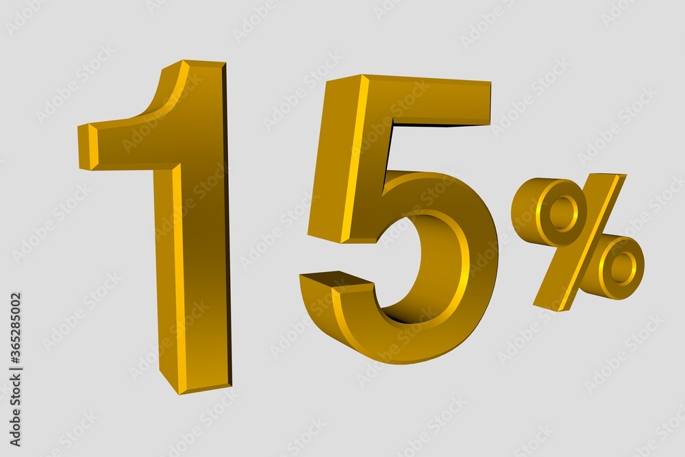 The inscription is 15 % of realistic 3D numbers in gold metalic color. Illustration of a fifteen percent discount or sale for advertising poster, banner advertising and more. 3d rendering, isolated The inscription is 15 % of realistic 3D numbers in gold metalic color. Illustration of a fifteen percent discount or sale for advertising poster, banner advertising and more. 3d rendering, isolated