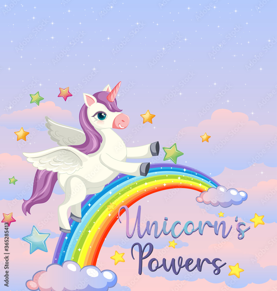 Blank banner with cute unicorn in the pastel sky background