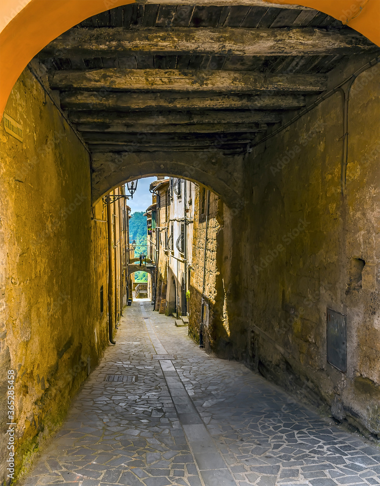 A view down a side street in the settlement of Bagnoregio in Lazio, Italy in summer