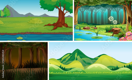 Four different nature scene of forest and swamp cartoon style