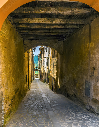 Fototapeta Naklejka Na Ścianę i Meble -  A view down a side street in the settlement of Bagnoregio in Lazio, Italy in summer