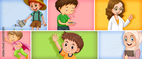 Set of different kid characters on different color background