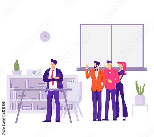 Conflict in office with angry employees Dissatisfied characters complain about boss to businessman angry emotions at workplace bad relationships and gossip in vector flat team.