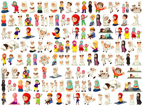 Set of different muslim people cartoon character isolated on white background