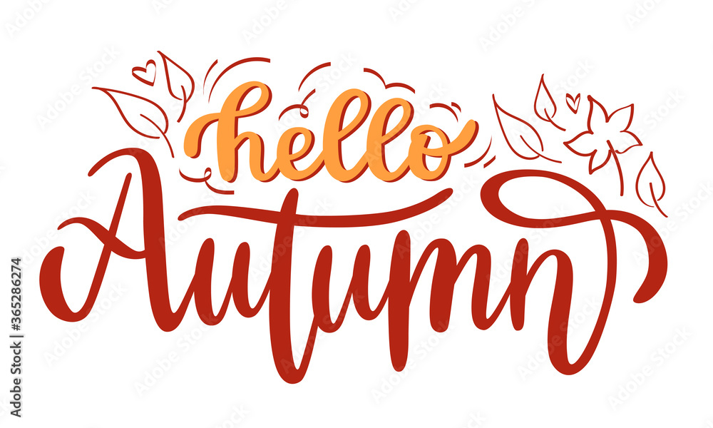Hello Autumn handwritten lettering with doodle leaves. Template with calligraphy phrase for sticker, card, poster, web banner or print. Seasonal
vector art isolated on white background. Hello Autumn handwritten lettering with doodle leaves. Template with calligraphy phrase for sticker, card, poster, web banner or print. Seasonal
vector art isolated on white background.