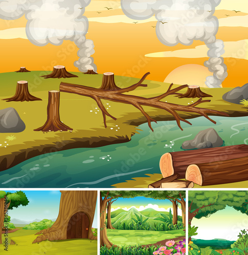 Four different nature scene of forest cartoon style