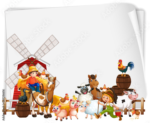 Blank paper with windmill and animal farm set isolated