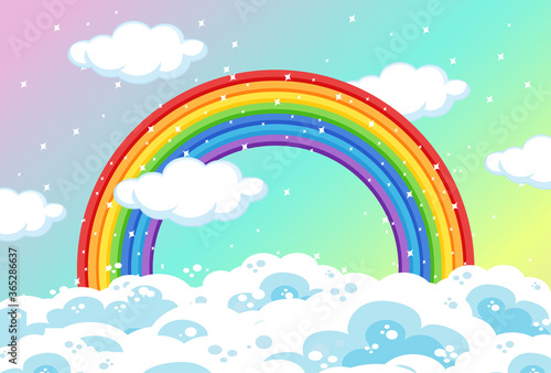 Rainbow with clouds and glitter on pastel sky background
