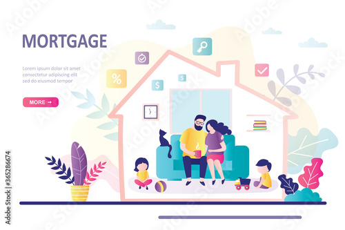 Mortgage landing page template. Concept of hypothec and finance management. Happy parents with children at new home.