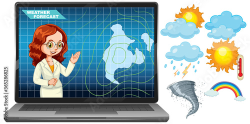 Anchorman reporting weather forecast on laptop screen with weather icon