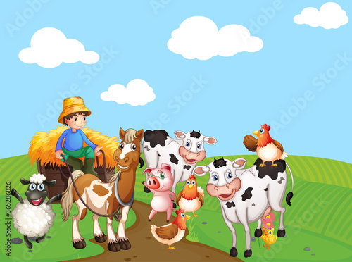Farm scene with animal farm cartoon style