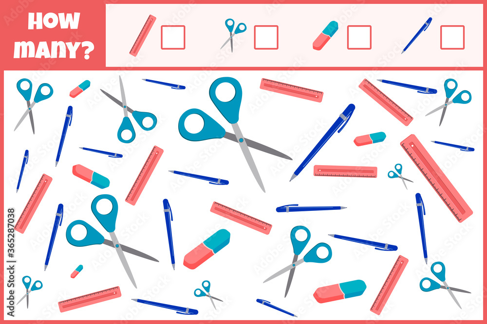 Educational mathematical game. Count the number of school supplies. Count how many school supplies. Counting game for children. Educational mathematical game. Count the number of school supplies. Count how many school supplies. Counting game for children.