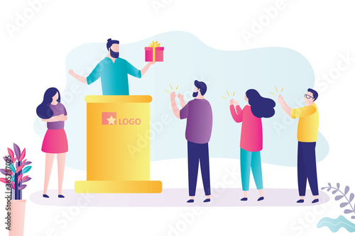 Businessman presents new product to colleagues. Male character holds gift box. Concept of marketing, business conference and target audience