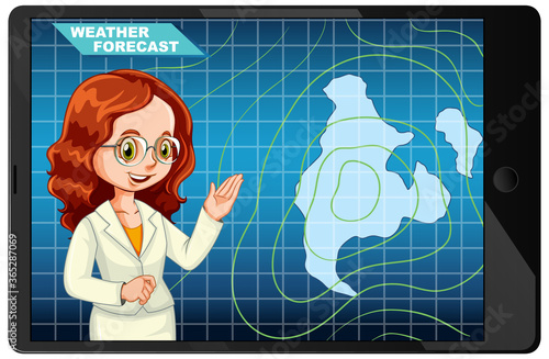 Anchorman reporting weather forecast on tablet screen isolated