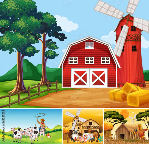 Set of different farm scenes with animal farm cartoon style