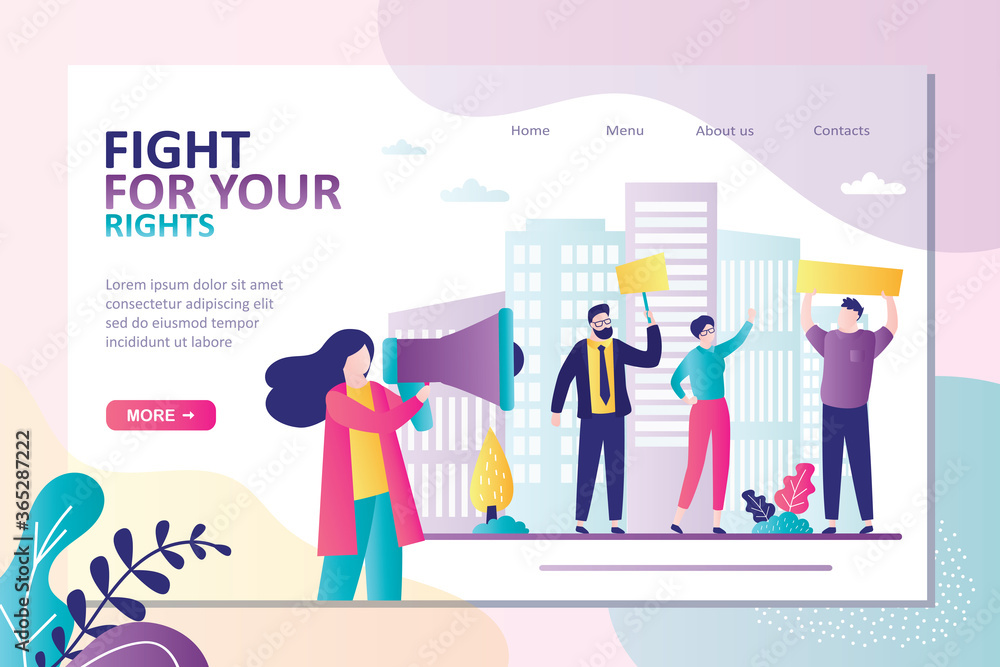 Protesting people with placards on strike or demonstration. Landing page template on theme fight for your rights Protesting people with placards on strike or demonstration. Landing page template on theme fight for your rights