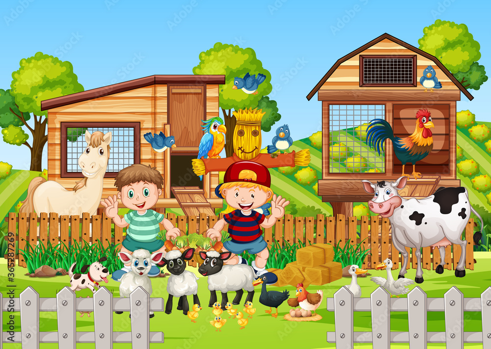 Naklejka premium Farm in nature scene with animal farm