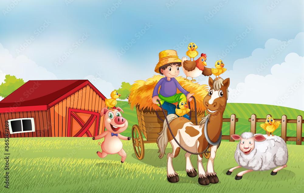 Farm scene in nature with barn and horse drawn vehicle and animal farm Farm scene in nature with barn and horse drawn vehicle and animal farm
