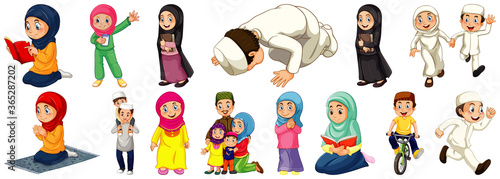 Set of different muslim people cartoon character isolated on white background