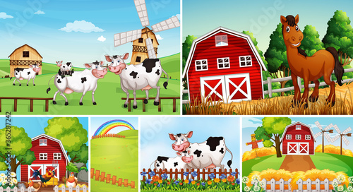 Set of different farm scenes with animal farm cartoon style