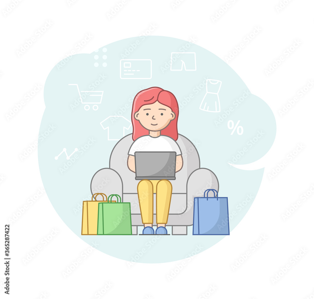 Concept Of Online Shopping. Young Girl Doing Online Shopping From Home. Woman Order On The Internet Goods Sitting On Armchair And Using Laptop. Cartoon Linear Outline Flat Style. Vector Illustration Concept Of Online Shopping. Young Girl Doing Online Shopping From Home. Woman Order On The Internet Goods Sitting On Armchair And Using Laptop. Cartoon Linear Outline Flat Style. Vector Illustration