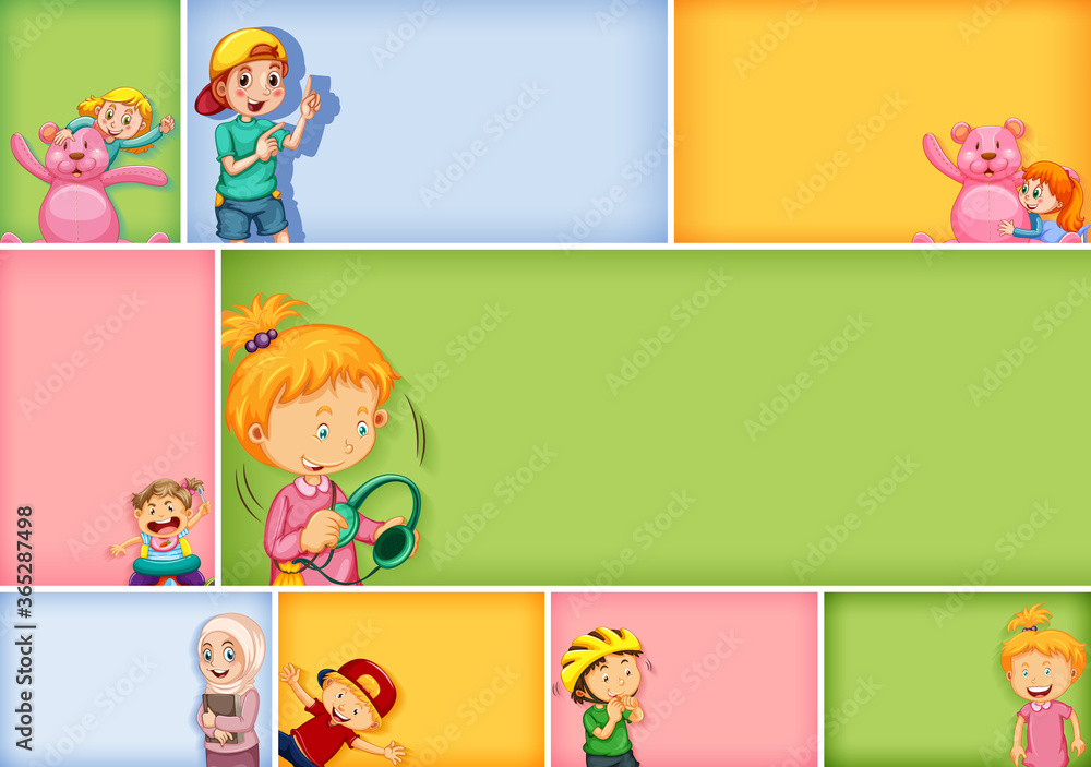Set of different kid characters on different color background Set of different kid characters on different color background
