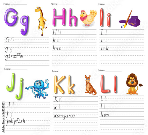 Set of alphabet worksheet on white paper