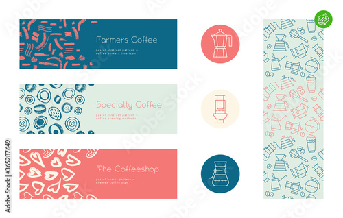 Coffee shop sign. Specialty coffee concept with vector linear icons. Coffee brewing methods horizontal banner. Template label design for farmer coffee. Arabica badge on textured white background.