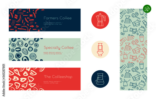 Coffee shop sign. Specialty coffee concept with vector linear icons. Coffee brewing methods horizontal banner. Template label design for farmer coffee. Arabica badge on textured white background.