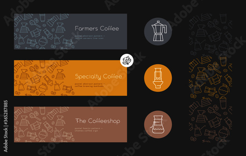 Coffee shop sign. Specialty coffee concept with vector linear icons. Coffee brewing methods horizontal banner. Template label design for farmer coffee. Arabica badge on textured dark background.