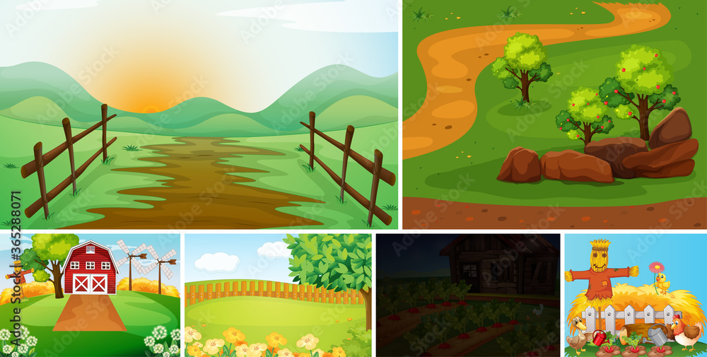 Set of farm scene cartoon style