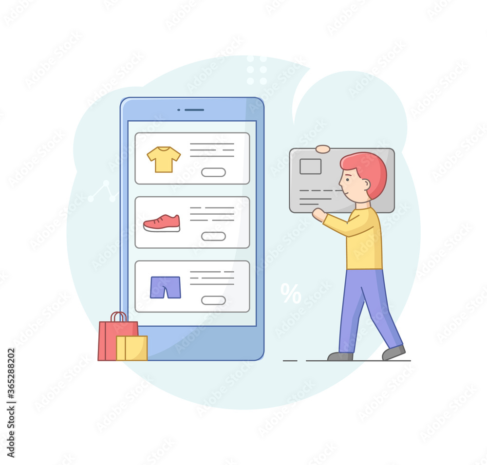 Concept Of Online Shopping. Boy Doing Shopping Online. Man Order On The Internet Goods, Paying By Credit Card For Purchases In Internet Store. Cartoon Linear Outline Flat Style. Vector Illustration Concept Of Online Shopping. Boy Doing Shopping Online. Man Order On The Internet Goods, Paying By Credit Card For Purchases In Internet Store. Cartoon Linear Outline Flat Style. Vector Illustration