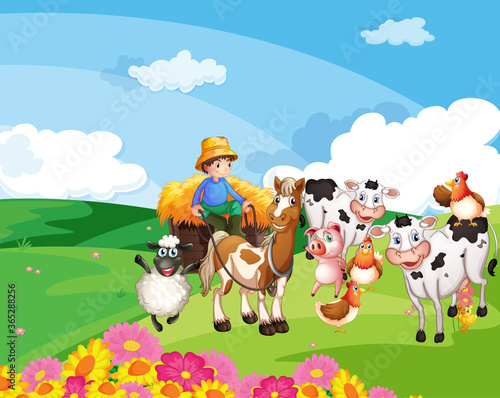 Farm scene with animal farm cartoon style