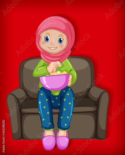 Female muslim cartoon on character eating popcorn