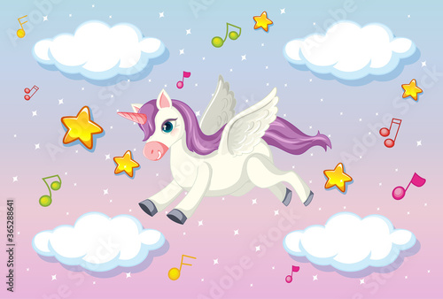 Cute pegasus with purple mane flying in the pastel sky