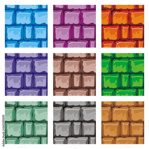 set of seamless pattern vector illustration of wall stone texture, in cartoon style and tileable, game element and tileset, it can be used for game background too