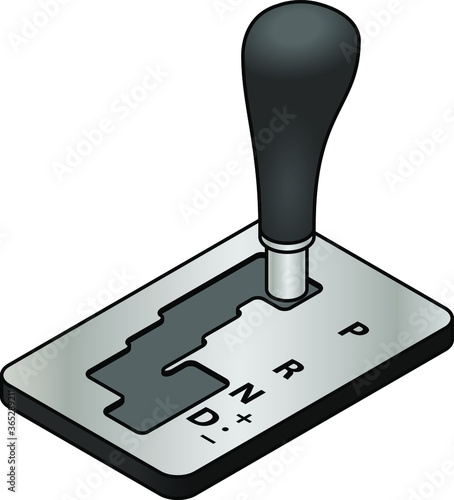 Vehicle gear stick: automatic transmission. Gear labels on right hand side. Park, reverse, neutral, drive, and gear up down adjustments.