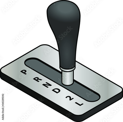 Vehicle gear stick: automatic transmission. Gear labels on left hand side. Park, reverse, neutral, drive, second and low gear.