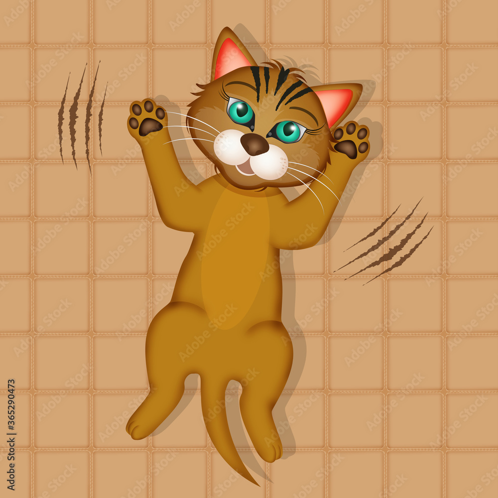 Fototapeta premium illustration of lying cat scratches the bed