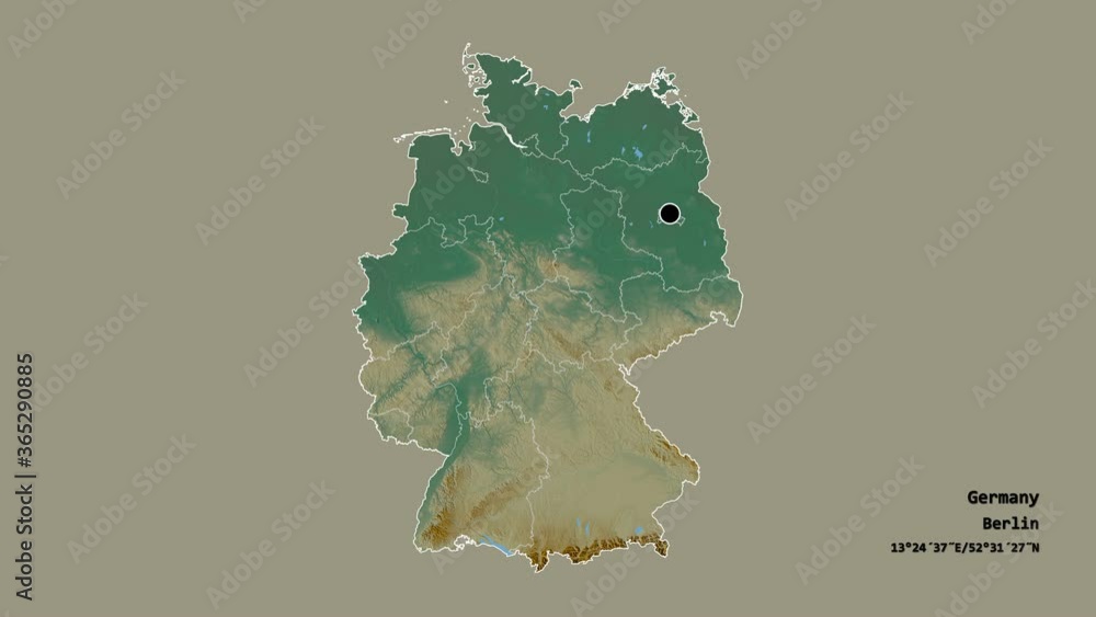 Thüringen, state of Germany, with its capital, localized, outlined and zoomed with informative overlays on a relief map in the Stereographic projection. Animation 3D Thüringen, state of Germany, with its capital, localized, outlined and zoomed with informative overlays on a relief map in the Stereographic projection. Animation 3D