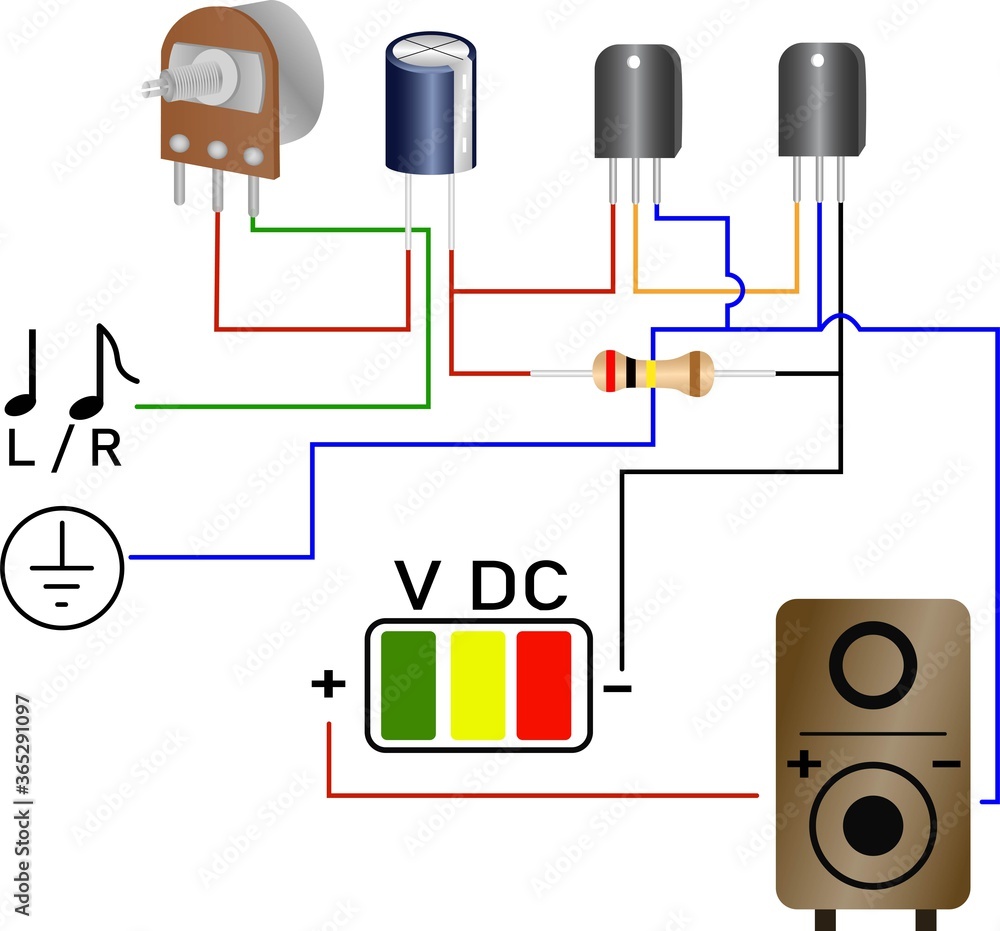 Illustration of transistor power amplifier. Transistor,Capacitor